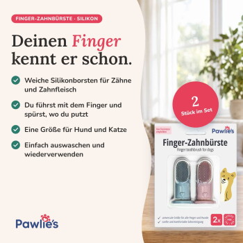 Pawlie's Fingerzahnbürsten in Blau und Pink, die ergonomisches Design und rutschfesten Griff zeigen, mit Text, der die perfekte Passform hervorhebt.
