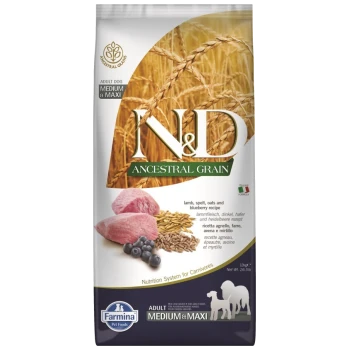 Hundefutterbeutel mit 'N&D Ancestral Grain' für erwachsene mittelgroße und große Hunde, mit Lamm, Dinkel, Hafer und Heidelbeeren.