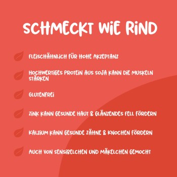 Haustierfutteranzeige, die Vorteile hervorhebt: "Schmeckt wie Rindfleisch," hoher Proteingehalt, glutenfrei, unterstützt Haut, Fell, Zähne und Knochen für empfindliche Haustiere.