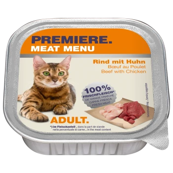 Katzenfutterverpackung mit einer Bengal-Katze, beschriftet "Premiere Meat Menu," mit "Rindfleisch mit Huhn" und "100% Frisches Fleisch."