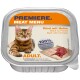 Emballage de nourriture pour chats avec un chat Bengal, étiqueté "Premiere Meat Menu," présentant "Boeuf avec Poulet" et "100% Viande Fraîche."