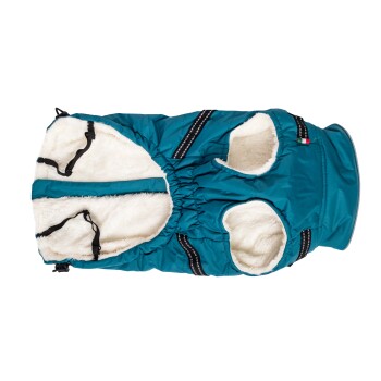 Teal Hundejacke mit weichem weißen Futter, mit verstellbaren Riemen und Öffnungen für die Beine, entworfen für Wärme und Komfort.