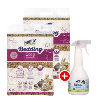 Bedding Cosy 2x20L + Bunny "alles Klärchen" Gehege-Pflege 500ml gratis Bunny Bedding Cosy Verpackung mit zwei Beuteln natürlicher Einstreu für Kleintiere und einer Sprühflasche mit der Aufschrift "KläRchen" zur Pflege.