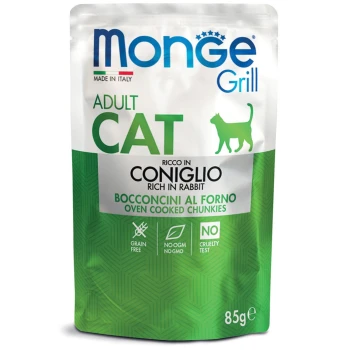 Pochette de nourriture pour chats Monge Grill Adult avec du lapin, design vert et blanc, étiqueté "Sans céréales", "Sans OGM" et "Test de cruauté."
