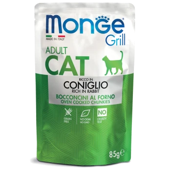 Beutel Monge Grill Adult Katzenfutter mit Kaninchen, grün-weißen Design, gekennzeichnet mit "Getreidefrei", "Keine OGM Keine GMO" und "Tierversuch."