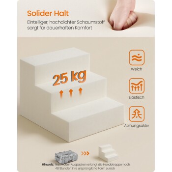 Weiße Schaumstoff-Haustiertreppe mit Beschriftung „25 kg“, deutschem Text „Solider Halt“ und Funktionssymbolen „Weich, Elastisch, Atmungsaktiv“.