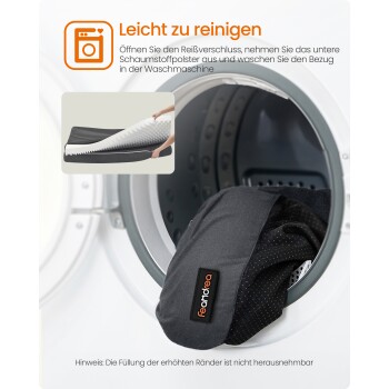 Dunkelgraues Feandrea-Haustierbett in einer Waschmaschine, Einsatz zeigt herausnehmbaren Schaum; sichtbarer Text: 'Leicht zu reinigen'.