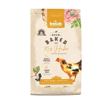 Im Ofen gebackene Hundefuttertüte mit der Aufschrift "70% Huhn" und einer Hühnerillustration, mit Text über Einzelprotein, getreidefrei und Superfoods.