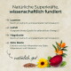 Deutsche Grafik 'Natürliche Superkräfte, wissenschaftlich fundiert'; Bilder von Zuckerrübe, Sonnenblume und Leinsamen.