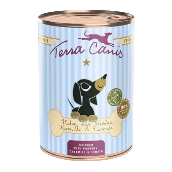 Eine Dose Terra Canis Hundefutter mit einem Cartoon-Dackel auf einem hellblauen gestreiften Hintergrund, beschriftet mit "Huhn mit Kürbis, Kamille & Tomate."