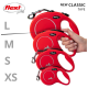 Red Flexi retractable dog leashes in four sizes (L, M, S, XS) displayed with a hand holding the smallest size.