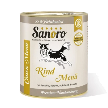 Dosenhundefutter "Sanoro Rind Menü" mit einer schwarz-weißen Hundillustration; Zutaten: Rindfleisch, Kartoffeln, Karotten, Apfel, Brokkoli.