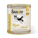 Dosenhundefutter "Sanoro Rind Menü" mit einer schwarz-weißen Hundillustration; Zutaten: Rindfleisch, Kartoffeln, Karotten, Apfel, Brokkoli.