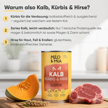 Bild von Zutaten für Haustierfutter mit 52 % feinem Kalbfleisch, einem Stück Kürbis und glutenfreier Hirse, mit Text, der die Zutaten hervorhebt.