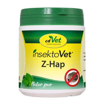 Dose cdVet insektoVet Z-Hap mit grünem Deckel, gelbem Etikett 'insektoVet Z-Hap' und 'Natur pur', Zecken-Symbol durchgestrichen.