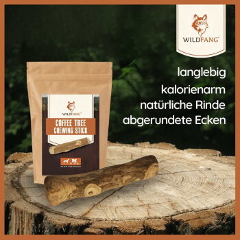 Olivenholz-Kauspielzeug von Wildfang, mit einem natürlichen Design, mit Text, der seine Haltbarkeit, niedrige Kalorien und abgerundete Kanten hervorhebt.