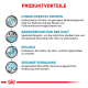 Infografik über die Vorteile von Haustierfutter: hydrolysiertes Protein, Unterstützung der Hautbarriere, EPA/DHA für Haut-/Darmgesundheit und Verdauungshilfe.