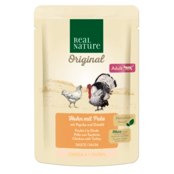 Tüte Real Nature Haustierfutter mit Illustrationen von Huhn und Pute, beschriftet mit "Huhn mit Pute" und Details zu Zutaten und Vorteilen.