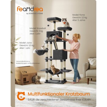 Ein mehrstöckiger Katzenbaum mit drei entspannten Katzen, einer Box, Kratzpfosten und dem Text "Multifunktionaler Kratzbaum" mit Modellangaben.