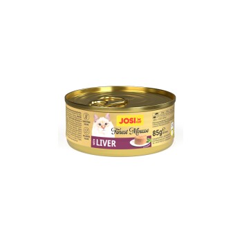 JosiCat Finest Mousse mit Leber, getreidefreies Katzenfutter, 85g Dose, ohne Zuckerzusatz, Bild von Katze und Mousse-Portion.