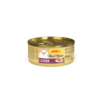 JosiCat Finest Mousse mit Leber, getreidefreies Katzenfutter, 85g Dose, ohne Zuckerzusatz, Bild von Katze und Mousse-Portion.