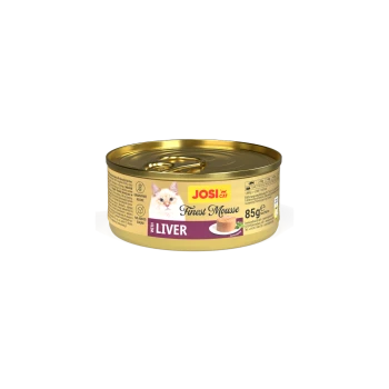 JosiCat Finest Mousse mit Leber, getreidefreies Katzenfutter, 85g Dose, ohne Zuckerzusatz, Bild von Katze und Mousse-Portion.