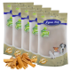 Fünf Tüten Lyra Pet Nature Power Hundeleckerlis werden ausgestellt, mit einem Haufen Leckerlis davor.