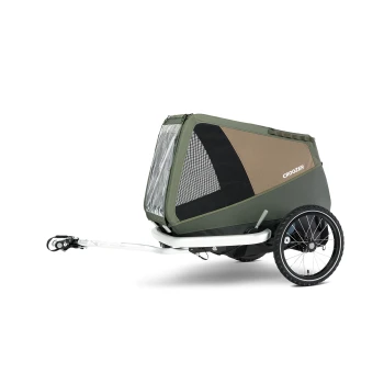 Ein grüner Haustieranhänger mit einem Netzfront und braunen Akzenten, ausgestattet mit einer weißen Anhängerkupplung und zwei schwarzen Rädern, beschriftet mit 'CROOZER'.