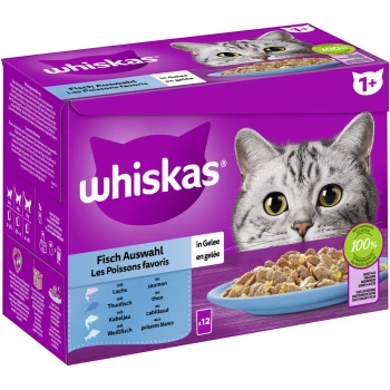 Multipack 1+ Fisch Auswahl in Gelee 12 x 85g Whiskas Katzenfutterbox mit einer Nahaufnahme des Gesichts einer grauen getigerten Katze, beschriftet 'Fisch Auswahl' mit verschiedenen Fischoptionen in Gelee, 12 Portionen.