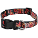 Blumenmuster-Halsband für Haustiere mit lebhaften roten, rosa und gelben Blumen auf schwarzem Hintergrund, mit einer schwarzen Schnalle und einem metallischen D-Ring.
