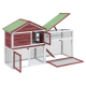 Holzhaustierhaus mit grünem, schrägem Dach, mehreren Netz-Türen und einer Rampe, entworfen für kleine Tiere.