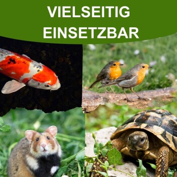 Eine Collage aus einem Koi-Fisch, zwei Vögeln auf einem Ast, einem neugierigen Hamster und einer Schildkröte, mit "VIELSEITIG EINSETZBAR" oben.