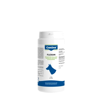 Weiße Canina FLEXAN Nahrungsergänzungsflasche für Hunde, blaue Hundesilhouette; Etikett lautet 'Canina', 'FLEXAN' und 'Für Hunde'.