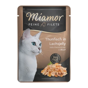 Feine Filets in Jelly Thunfisch in Lachsjelly 24x100 g Miamor Feine Filets Katzenfutterbeutel mit dem Profil einer weißen Katze, beschriftet mit "Thunfisch in Lachsjelly" und dem Anspruch "100% FILET".
