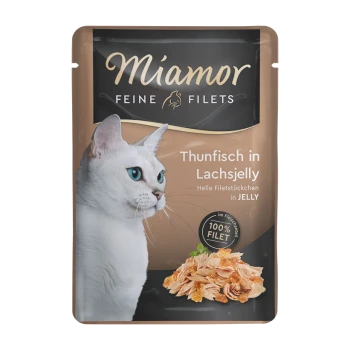 Miamor Feine Filets kattenvoerzakje met een profiel van een witte kat, gelabeld 'Thunfisch in Lachsjelly' met de claim '100% FILET'.