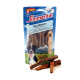 Eine Tüte DeliBest Simmental Rindfleisch-Milchsticks für Hunde, mit einem schwarz-weißen Hund auf der Vorderseite, mit drei Sticks davor.