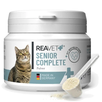 Behälter mit REAVET Senior Complete Pulver für Katzen, mit einem Bild einer getigerten Katze, beschriftet mit "Pulver," 50g, und "Hergestellt in Deutschland."