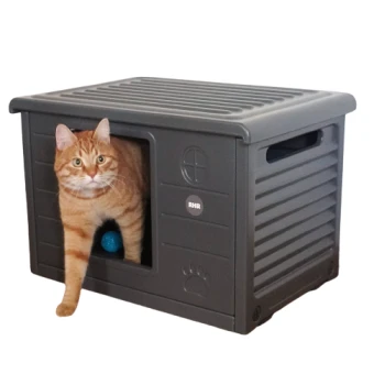 Eine verspielte orange getigerte Katze schaut aus einer grauen Haustieraufbewahrungsbox mit einem blauen Ball heraus und zeigt einen gemütlichen Rückzugsort.