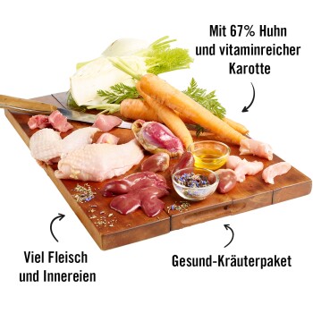 Frische Zutaten für Haustierfutter auf einem Schneidebrett: Huhn, Innereien, Karotten und Kräuter, mit Text, der 67% Huhn und Vitamine anmerkt.