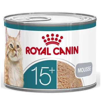 Can of Royal Canin cat food showing brand logo, cat photo, "15+" age label and "Mousse" text.