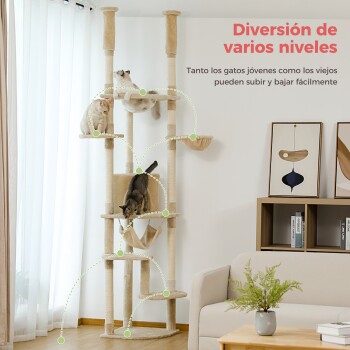 Katzen spielen auf einem mehrstöckigen Kratzbaum mit dem Text 'Vielseitiger Spaß' und 'Einfach für junge und alte Katzen'.