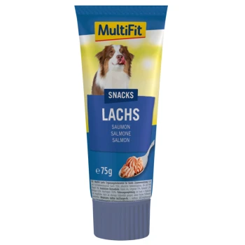 Tube de friandises pour chiens MultiFit étiqueté "Lachs" (saumon) avec une image d'un chien, contenant 75g de produit.