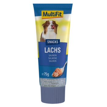 Tube de friandises pour chiens MultiFit étiqueté "Lachs" (saumon) avec une image d'un chien, contenant 75g de produit.
