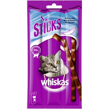 Whiskas Sticks cat treats packaging featuring a gray cat's face, with three treat sticks visible. Text includes "90% meat" and "Rich in salmon."