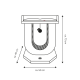 Illustration eines Kratzbaums für Haustiere mit gepolsterter Oberseite, mit einem hängenden Spielzeug, Abmessungen beschriftet: Höhe 73 cm, Breite 50 cm, Tiefe 40 cm.