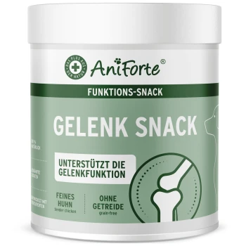 Behälter mit AniForte Gelenk Snack, einem funktionalen Haustier-Leckerli zur Unterstützung der Gelenke, mit "100% natürlich", "feines Huhn" und "ohne Getreide."