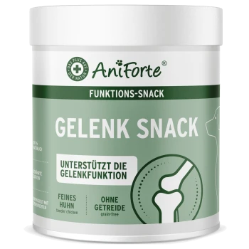 Behälter mit AniForte Gelenk Snack, einem funktionalen Haustier-Leckerli zur Unterstützung der Gelenke, mit "100% natürlich", "feines Huhn" und "ohne Getreide."