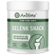 Behälter mit AniForte Gelenk Snack, einem funktionalen Haustier-Leckerli zur Unterstützung der Gelenke, mit "100% natürlich", "feines Huhn" und "ohne Getreide."