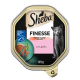 Sheba FINESSE Katzenfutter 85 g, mit Lachs‑Mousse ("mit Lachs"), Foto einer grauen Katze, MSC-Logo für nachhaltige Meeresfrüchte.