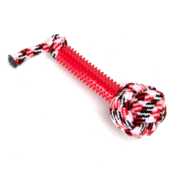 Ein buntes Haustierspielzeug mit einem roten Gummigriff mit Stacheln und einem geknoteten, mehrfarbigen Stoffball am Ende.